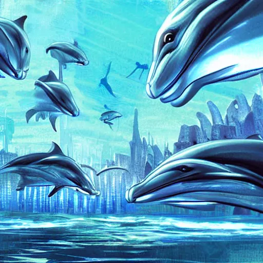 Prompt: an alien city of dolphins under the ocean, sci-fi digital art illustration,