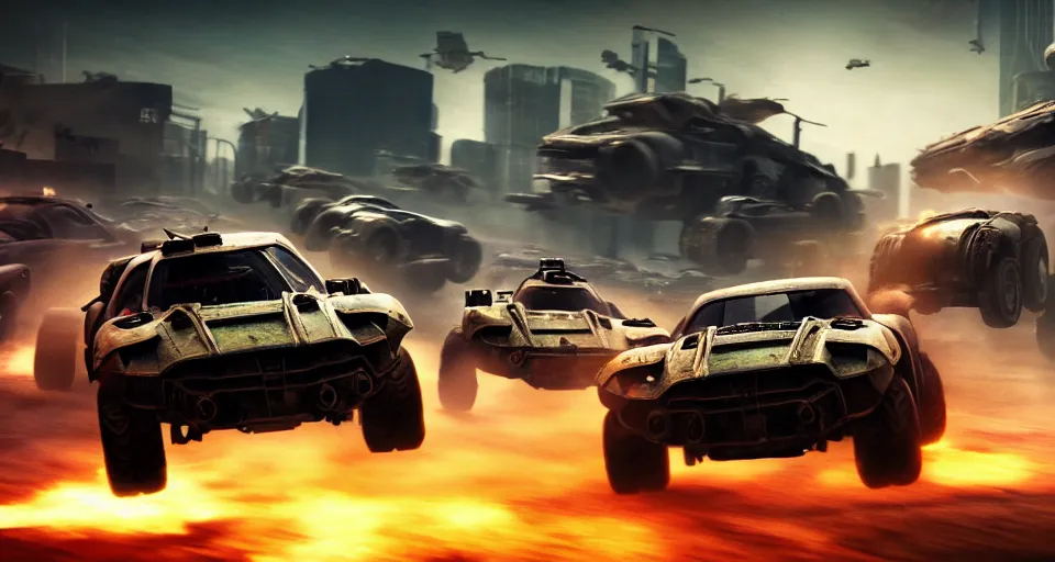 Prompt: macro closeup photo of halo warthogs being chased in a post apocalyptic city, night, smoke, dust, embers, mad max, action, speed, rocket league, volumetric lighting, hdr, need for speed, gta 5, ridley scott, syd mead, craig mullins, cinematic, octane