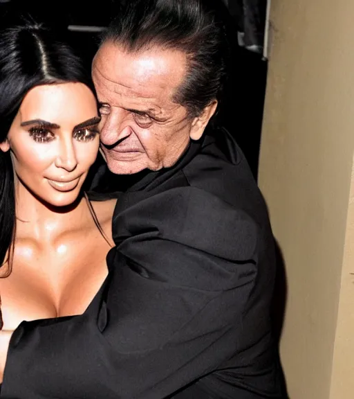 Prompt: Joe pesci hugging kim kardashian in a derelict  mafia mansion