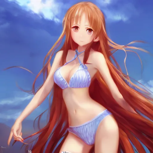 Image similar to a very beautiful young yuuki asuna, full body, long wavy blond hair, sky blue eyes, full round face,, bikini, miniskirt, front view, mid - shot, highly detailed, cinematic wallpaper by stanley artgerm lau