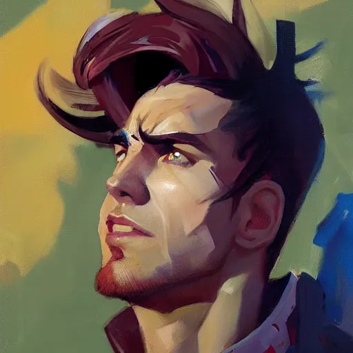 Image similar to Greg Manchess portrait painting of Gambit as Overwatch character, medium shot, asymmetrical, profile picture, Organic Painting, sunny day, Matte Painting, bold shapes, hard edges, street art, trending on artstation, by Huang Guangjian and Gil Elvgren and Sachin Teng