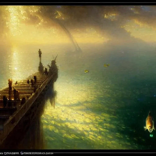 Image similar to point of view of deep in the ocean looking up, you see fishes, higher up you see the milk way, night time. highly detailed painting by gaston bussiere, greg rutkowski 8 k