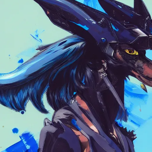 Image similar to concept art of winged wolf neon blue and black, highly detailed painting by dustin nguyen, akihiko yoshida, greg tocchini, 4 k, trending on artstation, 8 k