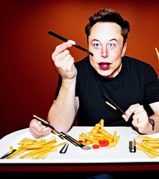 Image similar to an award winning photo of elon musk eating!! crayons!, crayons as french fries, gourmet restaurant, 4 k, high quality