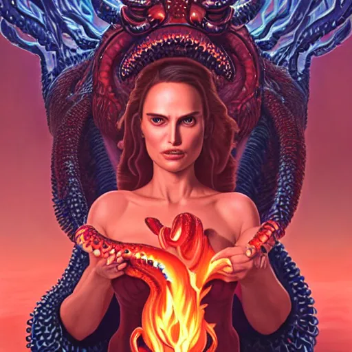 Prompt: queen of hell portrait of natalie portman, fire and flame, big long hell serpent octopus, Pixar style, by Tristan Eaton Stanley Artgerm and Wayne Barlowe and Tom Bagshaw and Boris Vallejo.