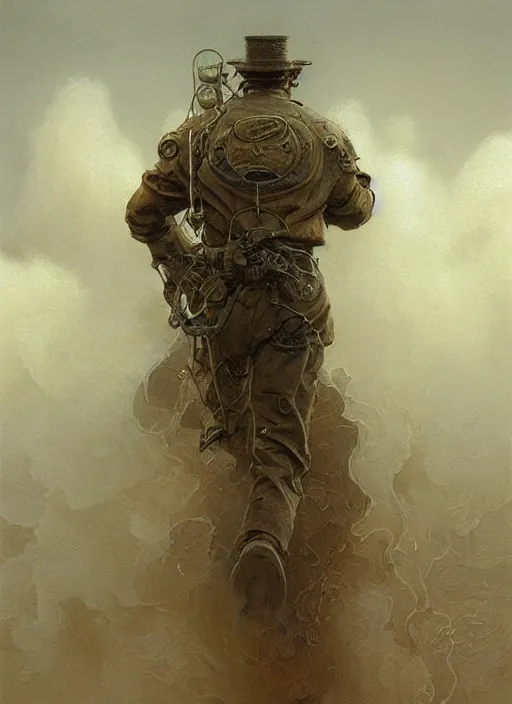 Image similar to A telemarketer walking out of of misty steam clouds, intricate, elegant, highly detailed, donato giancola, Joseph Christian Leyendecker, WLOP, Boris Vallejo, Artgerm