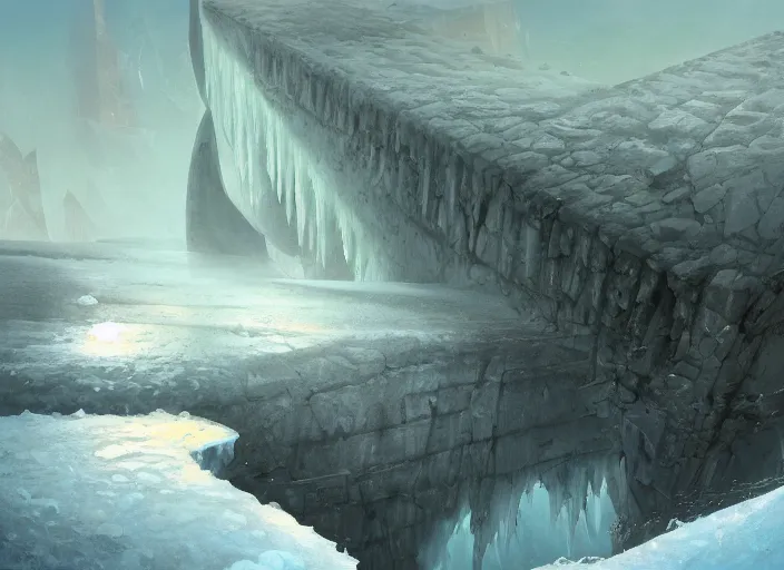 Prompt: painting of the Ice Barrier, imposing, calm, air shot, interesting perspective, painted by Marc Simonetti