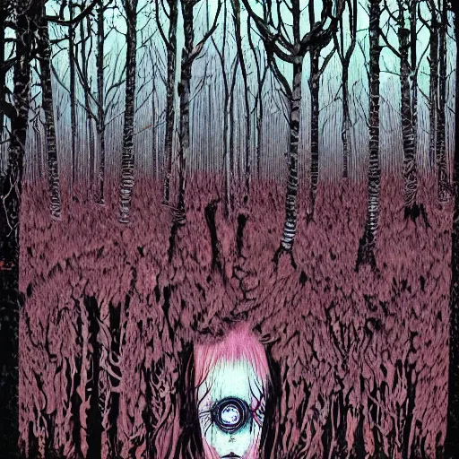 Image similar to horror nightmare psychedelic art illusionary art of forest made of only creepy eyes everywhere schizophrenic visions haunting scary horrifying terrifying anthropomorphic trees bio organic forests james gurney greg rutowski yoji shinkawa apophasis shintaro kago junji ito esoteric hypnogogic ethereal ethereality