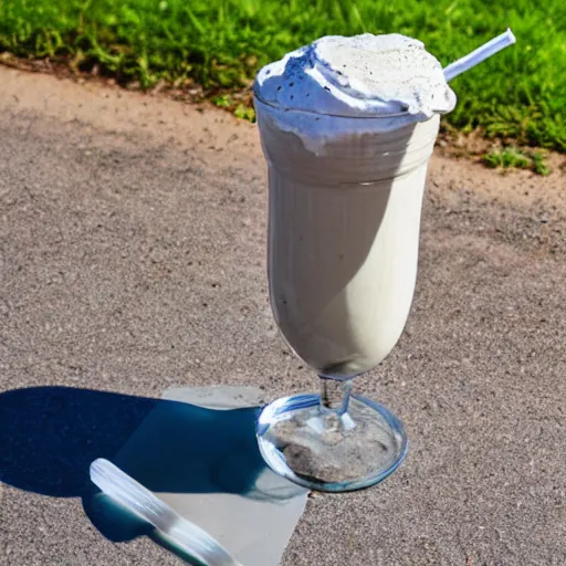 Prompt: very expensive milkshake on the side of the road, Sigma 85mm f/8