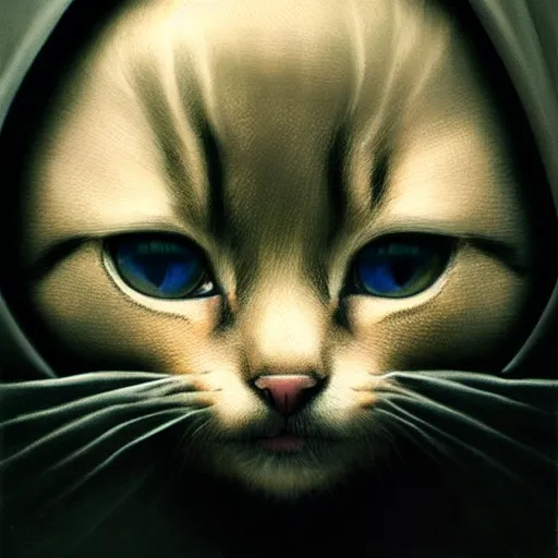 Image similar to a portrait of a kitten wearing a black hood, cloak covering face, anatomically correct, beautiful perfect face, enigmatic, oil painting, matte, black background, Volumetric dynamic lighting, Highly Detailed, Cinematic Lighting, Unreal Engine, 8k, HD, by Beksinski