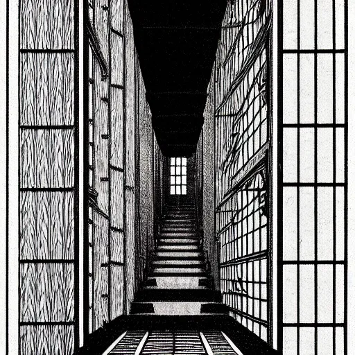 Prompt: a dark hallway with many doors and many stairs, Mc Escher architecture, epic composition, by Junji Ito