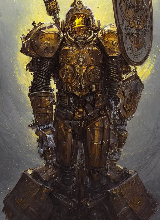 Image similar to dynamic portrait of a intricate glorious holy mechanical warforged character in yellow armor holding a paladin engraved great longsword and carrying a big paladin shield, spotlight from face , epic , trending on ArtStation, masterpiece, cinematic lighting, by Jesper Ejsing and by Philippe Druillet and by Yoann Lossel and by John Salminen