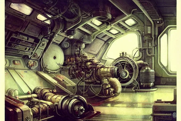 Image similar to ( ( ( ( ( 1 9 5 0 s retro science fiction space ship engine room interior scene. muted colors. ) ) ) ) ) by jean - baptiste monge!!!!!!!!!!!!!!!!!!!!!!!!!!!!!!