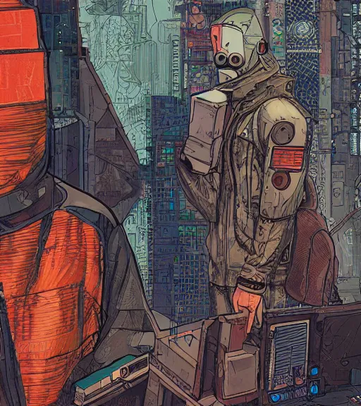 Prompt: a cyberpunk man with a patchwork face of various people, techwear, Industrial Scifi, detailed illustration, character portrait, by Martin Grip and Moebius