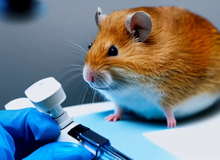 Image similar to film still of a hamster working in a research lab using a tiny microscope, 8 k
