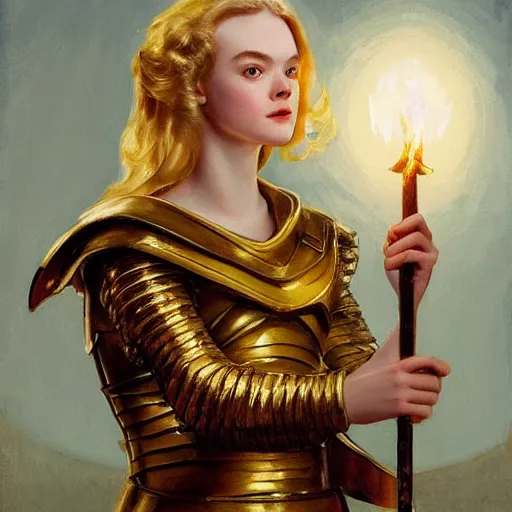 Prompt: Elle Fanning as a knight in golden armor holding fire, oil on canvas, moon lighting, artstation, by J. C. Leyendecker and Peter Paul Rubens,