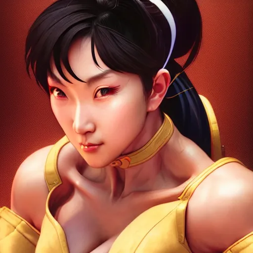 Image similar to portrait of chun li, au naturel, hyper detailed, digital art, trending in artstation, cinematic lighting, studio quality, smooth render, unreal engine 5 rendered, octane rendered, art style by klimt and nixeu and ian sprigger and wlop and krenz cushart.