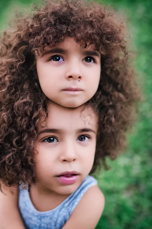 Image similar to a cute curly haired child with very expressive eyebrows, detailed, photograph, portrait, f1.4, 50mm