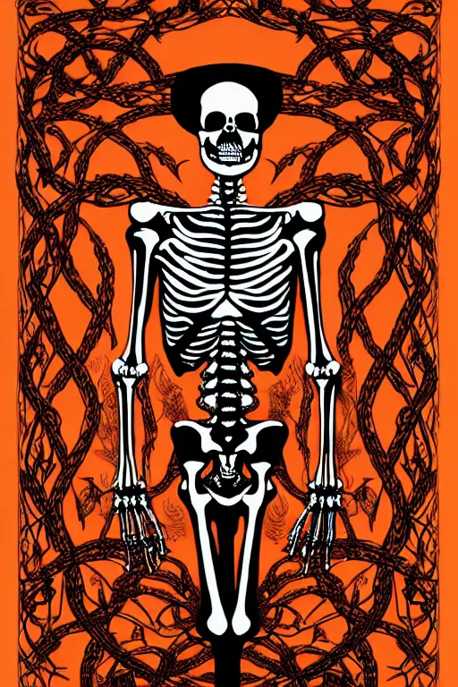 Image similar to Full Human Skeleton wrapped in vines + black paper + elements + red + gold + neon + baroque + rococo + white + orange+ ink + tarot card with ornate border frame + marc Simonetti, paul pope, peter mohrbacher, detailed, intricate ink illustration, global illumination, 8k resolution, face, short leg, long torso, low shoulder, long arm, asymmetric face, muted colors, occult symbols hidden, on old amber paper, RPG portrait, dynamic lighting