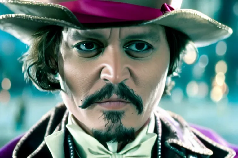 Image similar to johnny depp as a character in willy wonka's chocolate factory movie directed by tim burton,, cinematic still, movie still, long lens, shallow depth of field, bokeh, anamorphic lens flare, 8 k