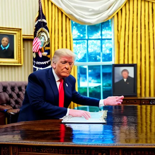 Image similar to trump sits at the resolute desk as a rainstorm fills up the oval office with water. Award winning portrait.