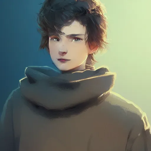 Image similar to portrait of a very masculine teenage girl with blue eyes and brown hair, short men's haircut, smiling, wearing an oversized sweater, dramatic lighting, illustration by Greg rutkowski, yoji shinkawa, 4k, digital art, concept art, trending on artstation