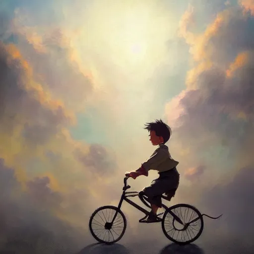 Prompt: A whimsical painting of a boy riding a bicycle flying in the sky through the clouds, painting by Craig Mullins, octane rendering, soft morning lighting, wide angle lens, in the style of Hayao Miyazaki, trending on artstation,