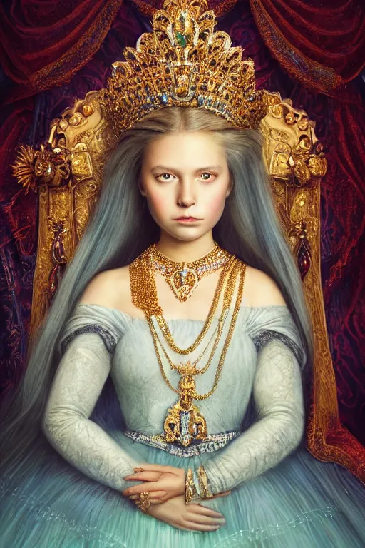 Prompt: beautiful very detailed portrait of a young princess with lots of jewelry and an Ultra Lux jade mask, full body, in the background there is a minimalistic throne, digital art , photos by Annie Leibovitz, moody, models by 500px, dramatic cinematic lighting rendered by octane, 8k, detailed, intricate, clean and textures, trending on artstation, deviantart google images, pinterest