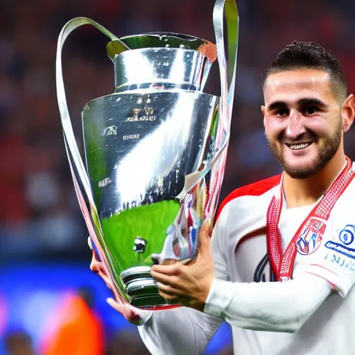 Image similar to high quality front picture of koke resurreccion lifting the champions league throphy with at madrid