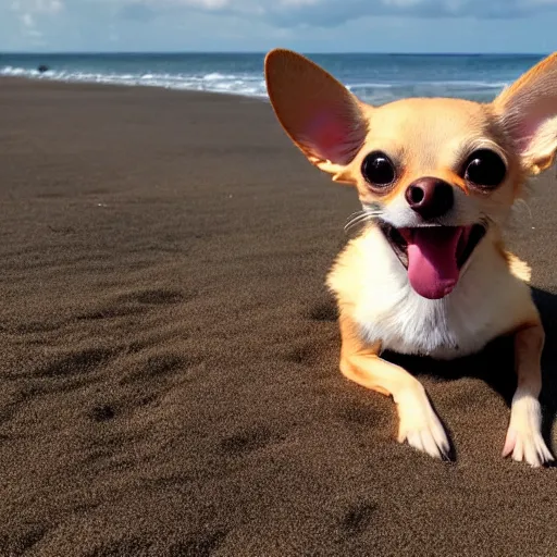 Prompt: photo of a tan chihuahua with his tongue sticking out at the beach