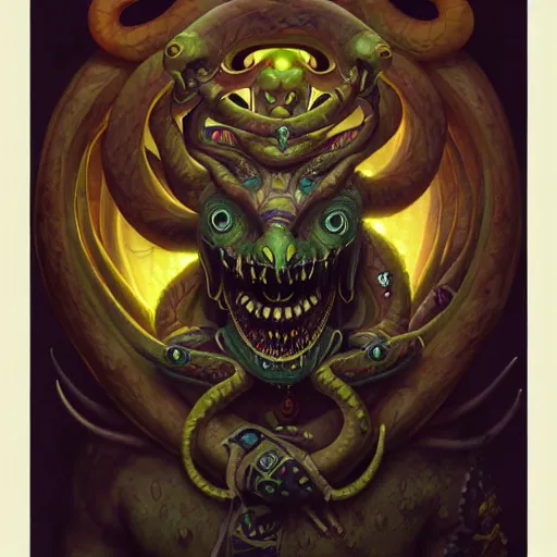 Image similar to barong family member, wiwek, mara demon, one single tribe member, jungle, one single mask, dark, ancient viking warrior, snake, cameleont, poisonous, tribal, inner glow, paint by peter mohrbacher