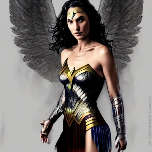 Image similar to Full body potrait of Gal Gadot as an angel, fantasy, intricate, elegant, highly detailed, digital painting, smooth, sharp focus, illustration