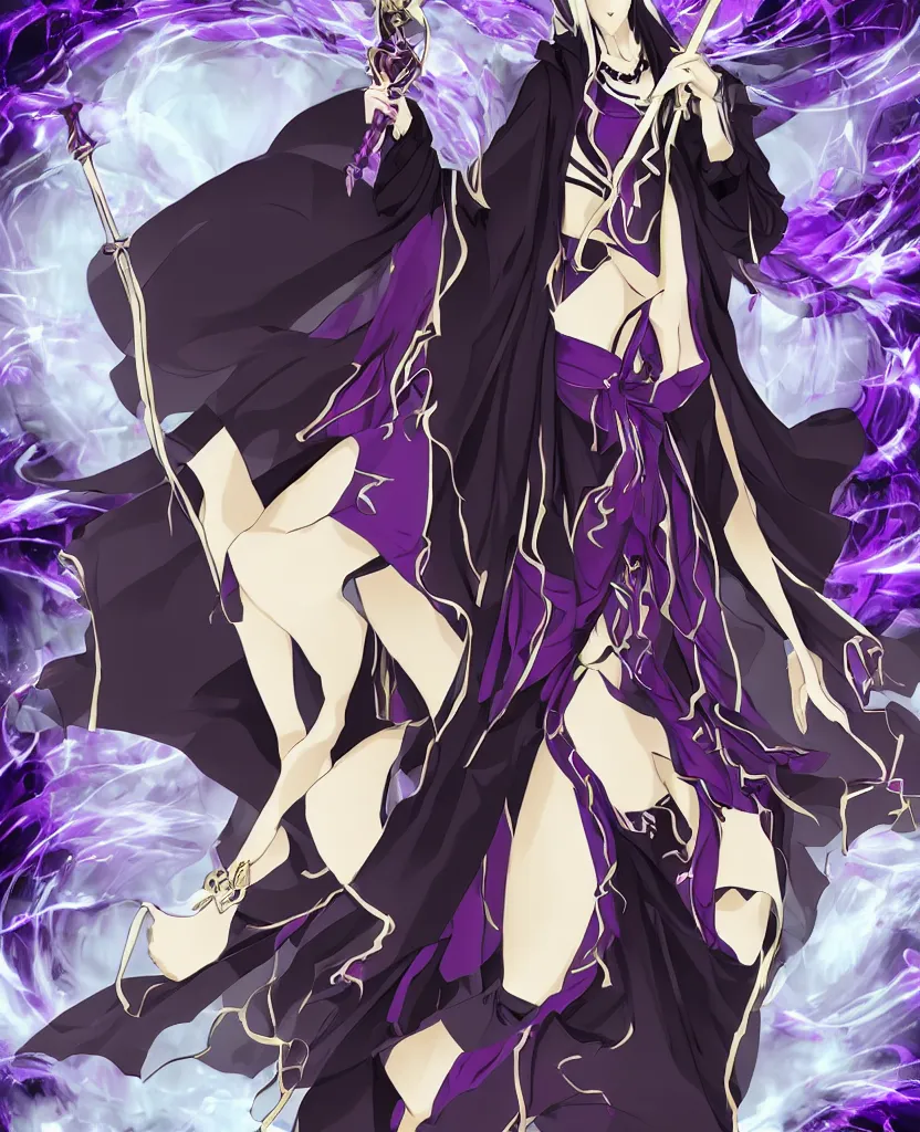 Image similar to an attractive anime female necromancer mage symmetrical, donned in black cloak with purple staff full body in frame