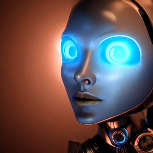 Prompt: womanized humanoid robot made of steel, beautiful face, glowing eyes, blue short hair, big breasts, anatomically correct, futuristic, glowing details, symmetrical, unreal engine, ray tracing, 8 k, uhd, ultrarealistic, highly detailed