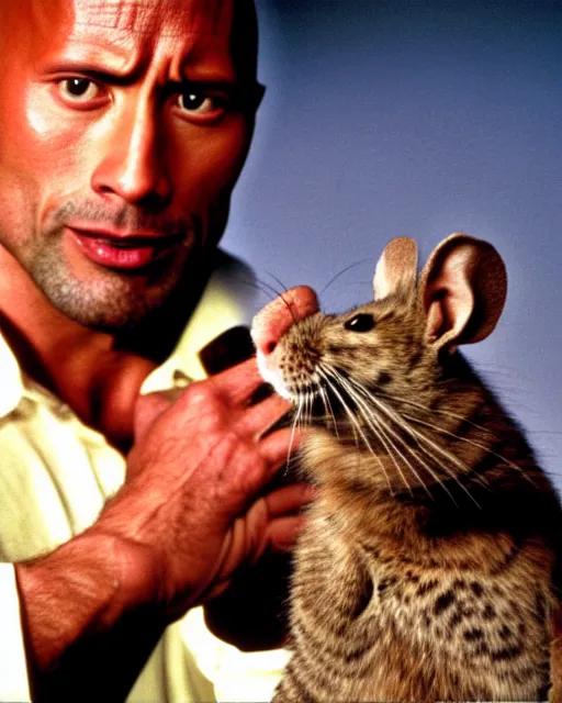 Prompt: film still close - up shot of dwayne johnson as stanley ipkiss petting a mouse in the movie the mask. photographic, photography