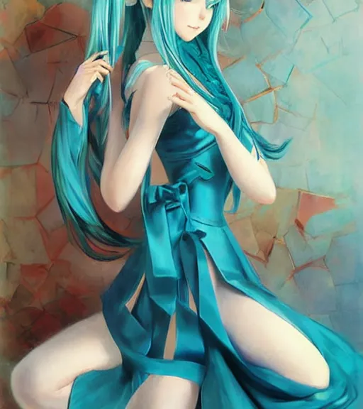 Image similar to Anime art very beautiful Hatsune miku by Gil Elvgren, Vladimir Volegov, Earl Moran, Enoch Bolles, symmetrical shoulders