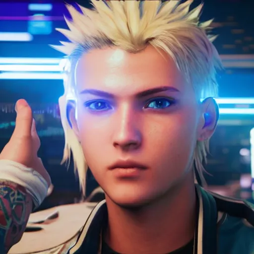 Prompt: an in-game screenshot of blonde hair blue eyed cute anime boy in Cyberpunk 2077