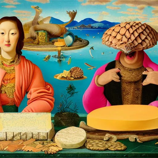 Prompt: a highly detailed oil painting of a pink dolphin queen and a pangolin king ruling a cheese kingdom where everything is made from different types of cheese, surreal, 4 k, trending on art station, in the style of dali, boch, matisse caravaggio, comical