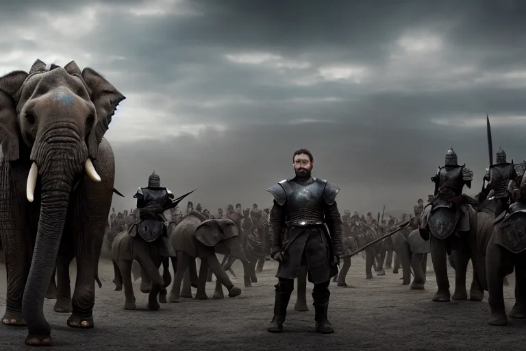 Image similar to vfx film, game of thrones armored elephant soldiers, flat color profile low - key lighting award winning photography arri alexa cinematography, big crowd, hyper real photorealistic cinematic beautiful, atmospheric cool colorgrade