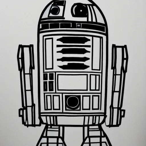 Image similar to full body black and white pencil sketch of muscular R2D2