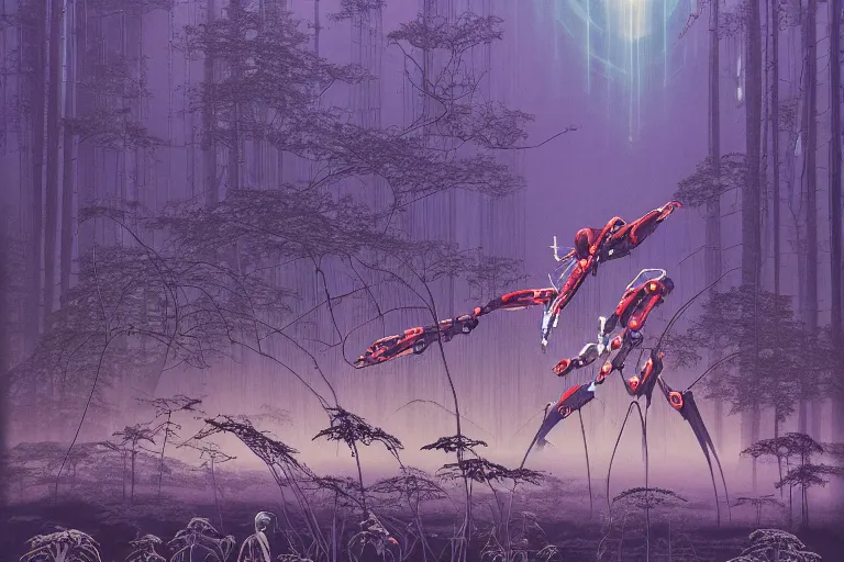 Prompt: lots of glass details, a lot of exotic vegetation, trees, flowers, dull colors, gigantic massive evangelion - like mecha staying in the foggy huge dark night winter forest covered with web and cotton and a lot of glow - worms, by moebius, hyperrealism, intricate detailed, risograph