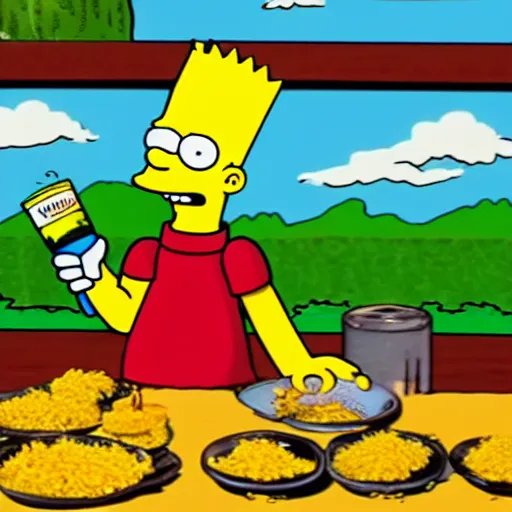 Prompt: bart simpson being steamed alive in lake of beans and rice 4k