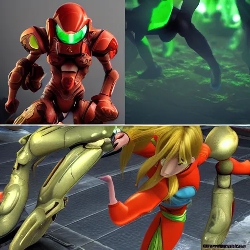 Image similar to samus aran as a ninja vs a metroid as a samurai in 4 k cgi