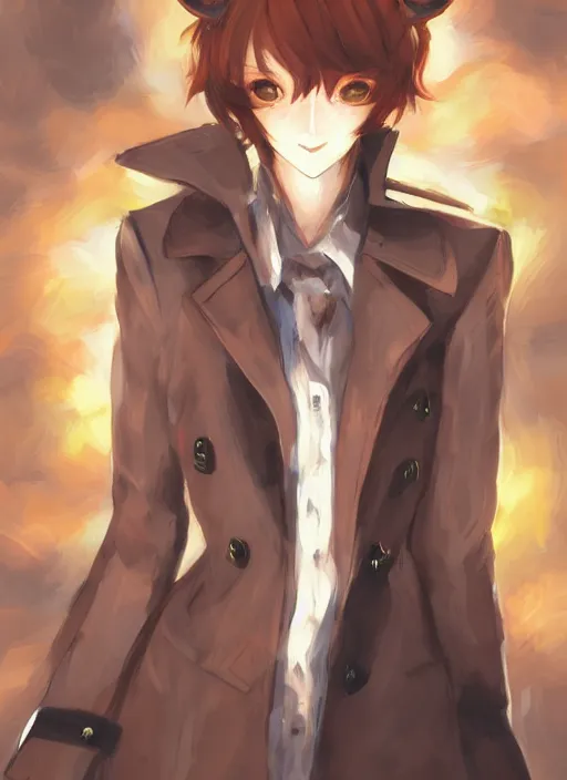Image similar to portrait painting by shigenori soejima, beautiful girl, fox ears, focus on face, pretty, cinematic lighting, painterly, long wavy orange hair, light brown trenchcoat