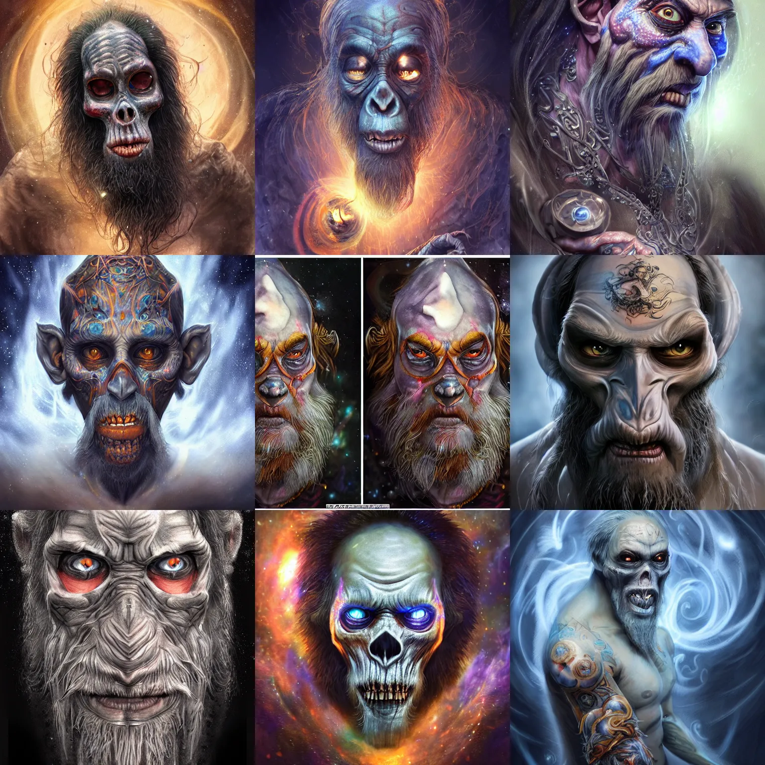 Image similar to a wlop 3 d render of very very very very highly detailed beautiful mystic portrait of a phantom undead mage ape with whirling galaxy around, tattoos by anton pieck, intricate, extremely detailed, digital painting, artstation, concept art, smooth, sharp focus, illustration, intimidating lighting, incredible art,