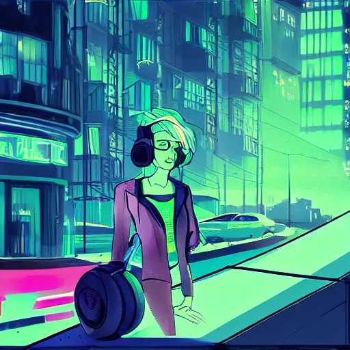 Image similar to a trot singer working on a dissertation while listening to lo-fi with futuristic headphones, artwork by liam wong