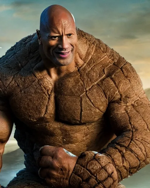 Image similar to dwayne johnson as ben grimm in the new fantastic four movie. dwayne is wearing an elaborate ben grimm style rock monster suit designed by rick baker. dwayne is wearing the fantastic four costume