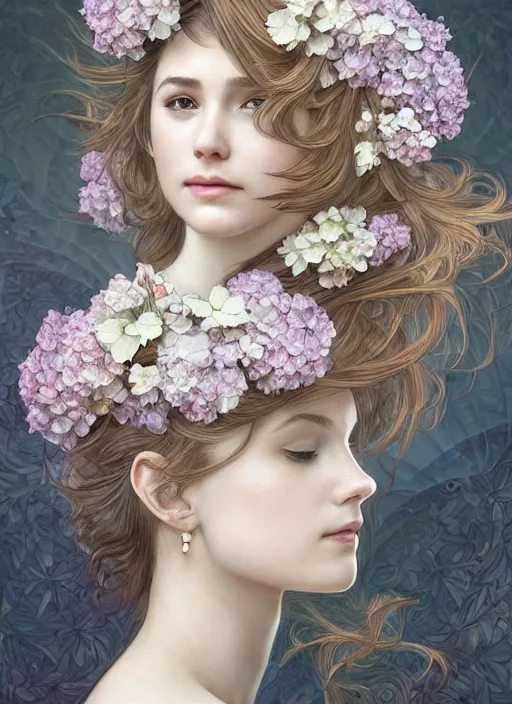 Image similar to realistic photographic perfect portrait of a anthropomorphic hydrangea blossom, fantasy, wind blowing hair, intricate, elegant, highly detailed, digital painting, artstation, concept art, smooth, super sharp focus, illustration, art by artgerm and h r giger and alphonse mucha