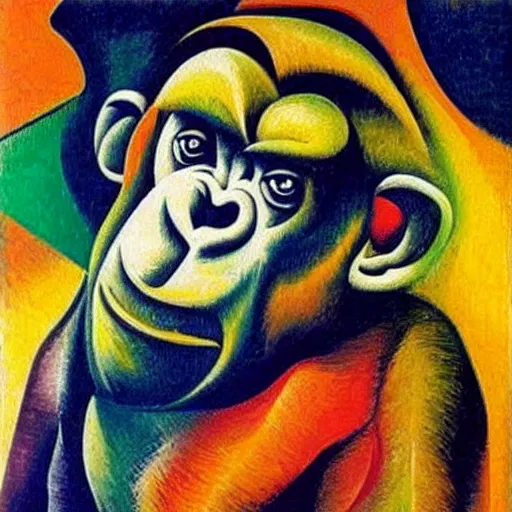 Prompt: cubo - futurism art portrait of an ape monkey by umberto boccioni, futuristic very abstract style, color painting