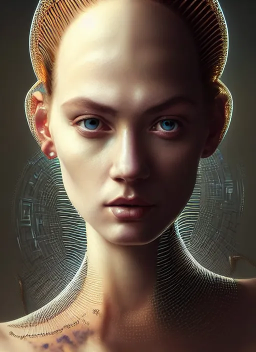 Image similar to a highly detailed photo of very intricate female face full - length portrait, futurism, rococo cyber tattoo lighting, detailed futuristic fibonacci jewelry, profile posing, hyper photorealistic, crispy quality, digital photography, trending in pinterest, cinematic, 4 k ultra hd, art by pascal blanche, art by greg rutkowski, art by artgerm,